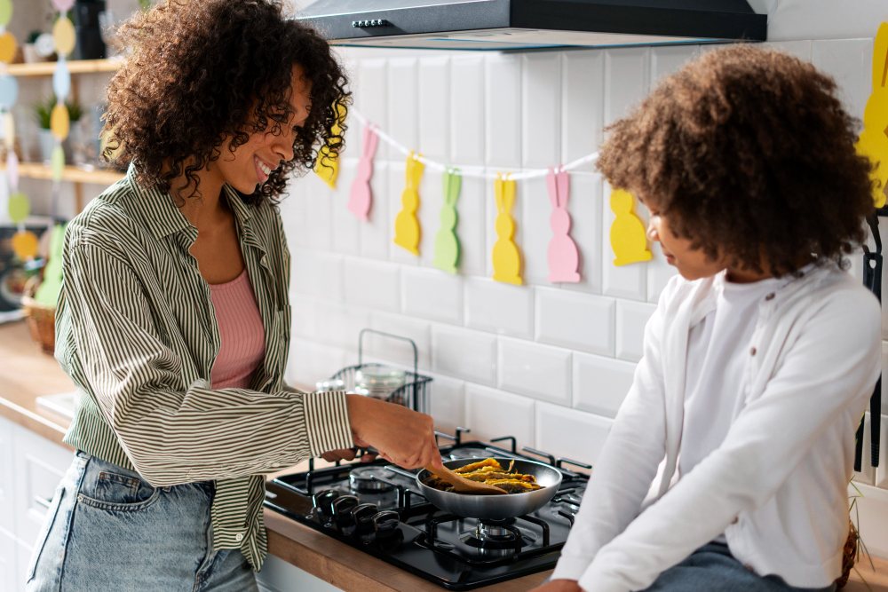 Family preparing food with gas